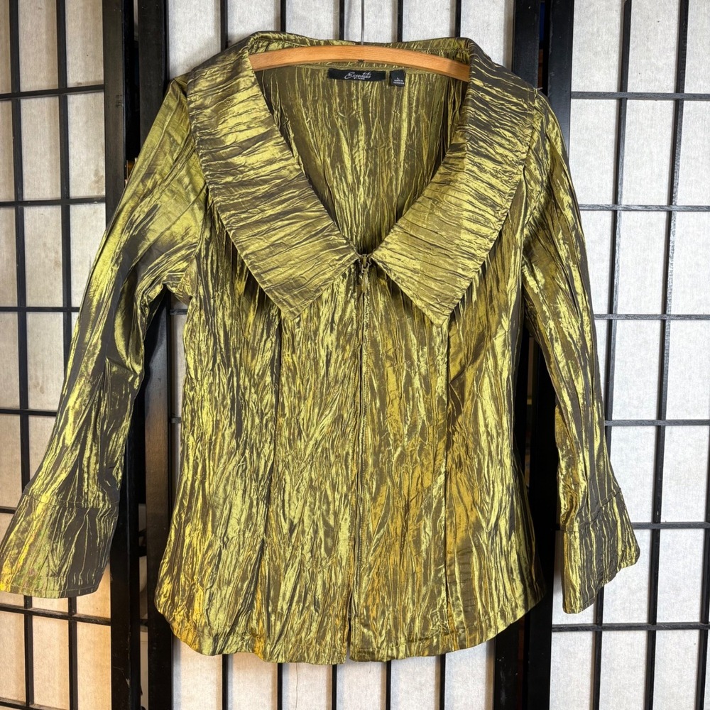 Essentials by Milano Metallic Gold Zip Jacket Portrait Collar Quiet Luxury Large